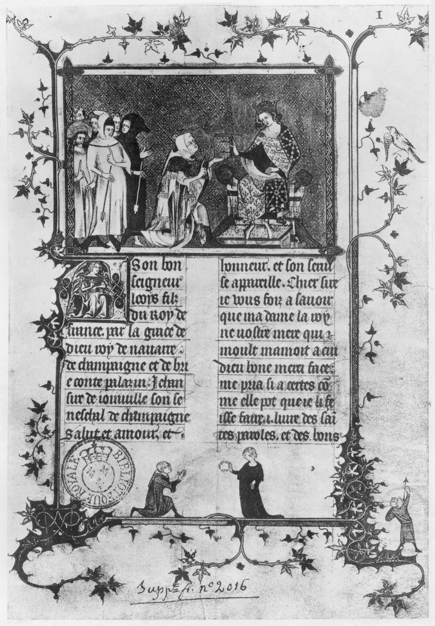 Senhora fr 13568 fol.1 Jean de Joinville oferecendo seu livro em St. Louis (1215-70) a Louis X (1289-1316) o teimoso de French School