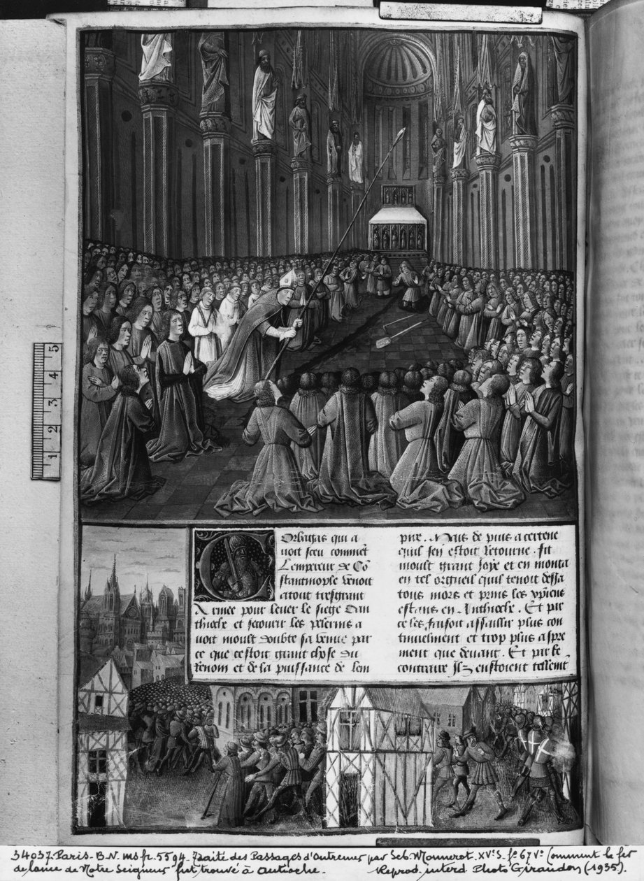 Ms.fr 5594 fol.67v Como a lança de Nosso Senhor foi encontrada em Antioquia, ilustração de Les Passages dOutre-Mer por Sebastien Mamerot de Soissons, c.1490 de French School