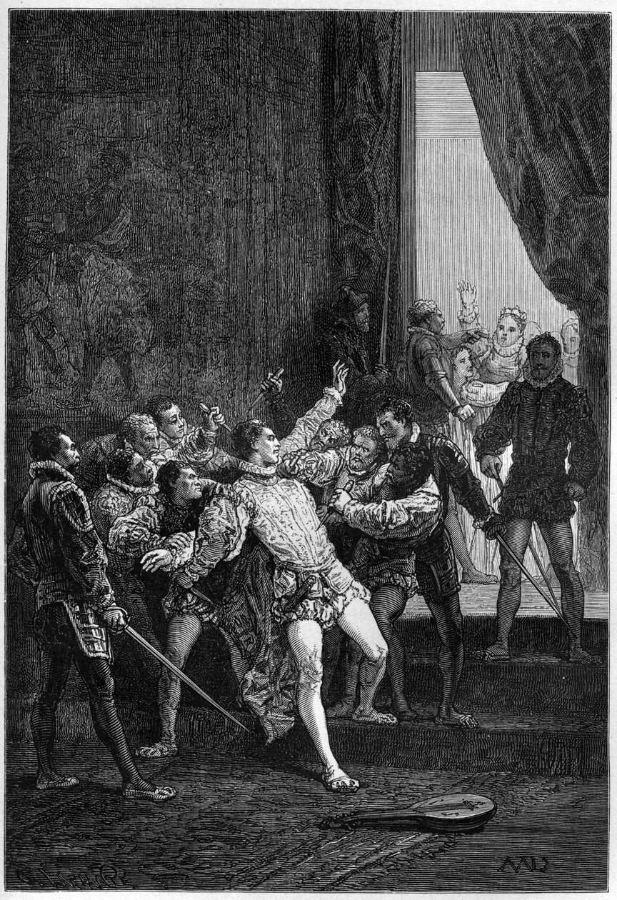 Assassinato de David Rizzio (Davide) na presença de Mary Stuart (Marie Iere) (1542-1587) - gravura em "L