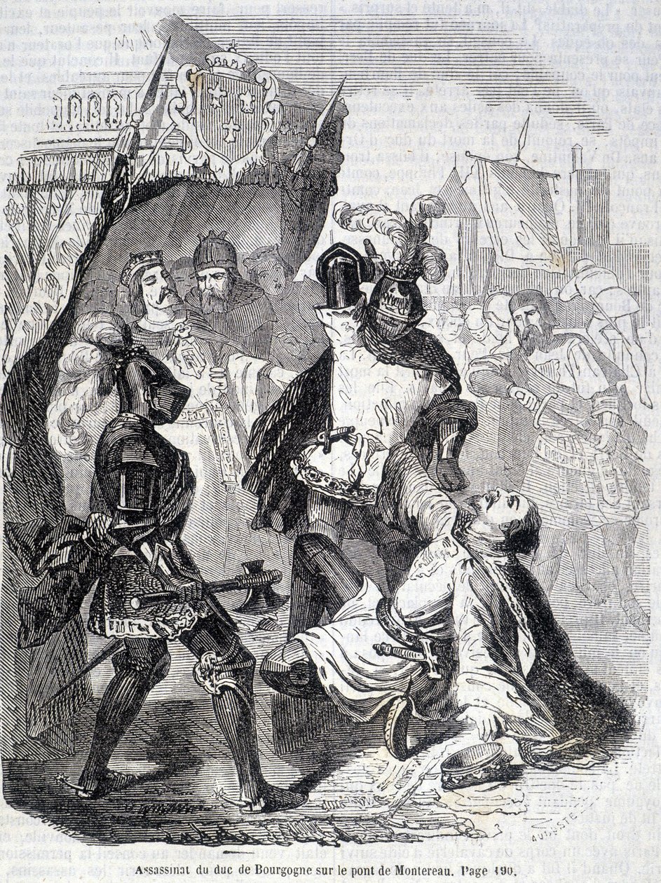 Assassinato do Duque de Borgonha (Jean sans peur) na ponte de Montereau em 1419 - no "Histoire de France" de L.-P. Anquetil de French School