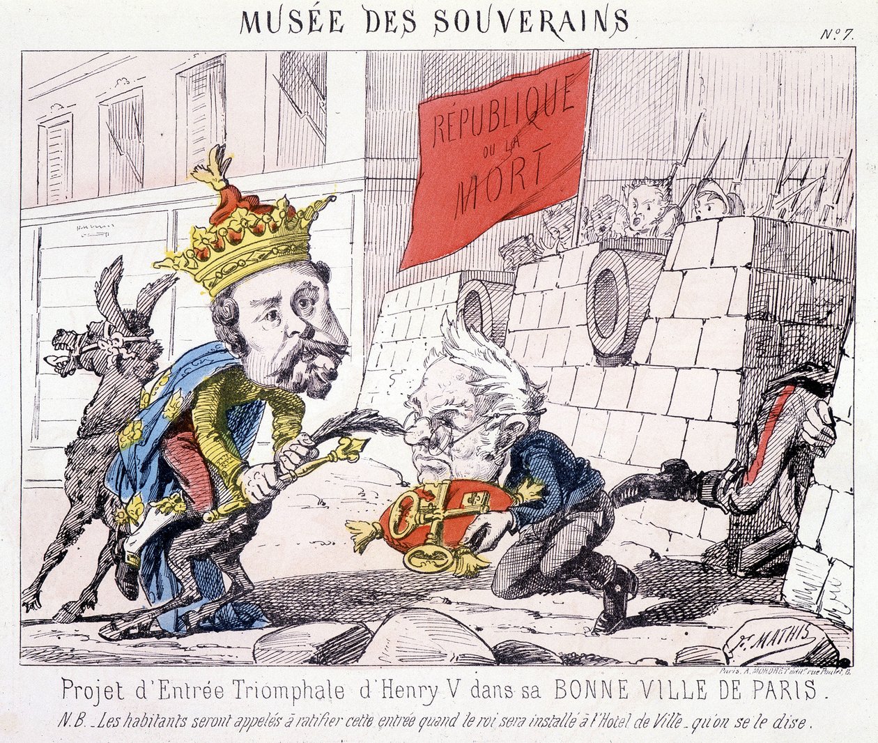 Musée des Souverains - Projecto para a entrada triunfal de Henri V na sua boa cidade de Paris (Thiers entregaram-lhe as chaves de Paris defendidas por cidadãos que empunham uma bandeira escrita "République ou la mort"). de French School