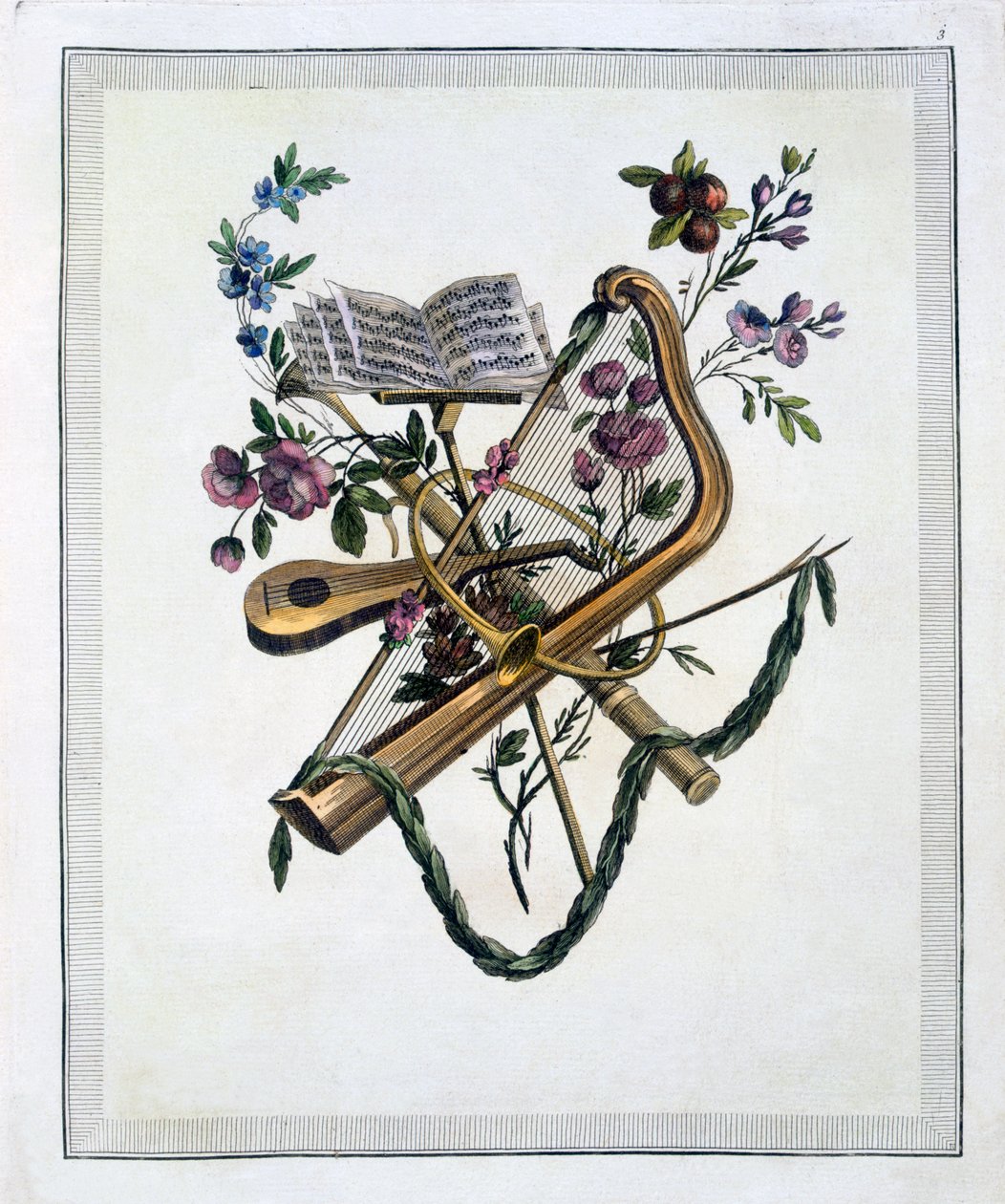 Instrumentos musicais, de um livro de placas gravadas de desenhos Oppenords, publicado 1745rn de French School