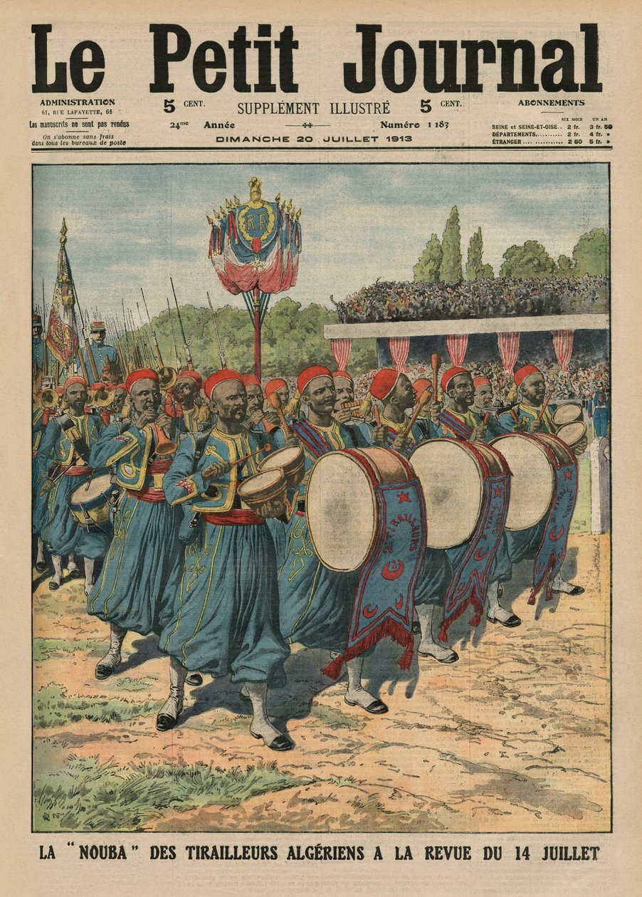Seção musical dos soldados de infantaria argelinos desfilando na resenha do dia 14 de julho, ilustração da capa do &39;Le Petit Journal&39;, suplemento ilustrativo, 20 de julho de 1913 de French School