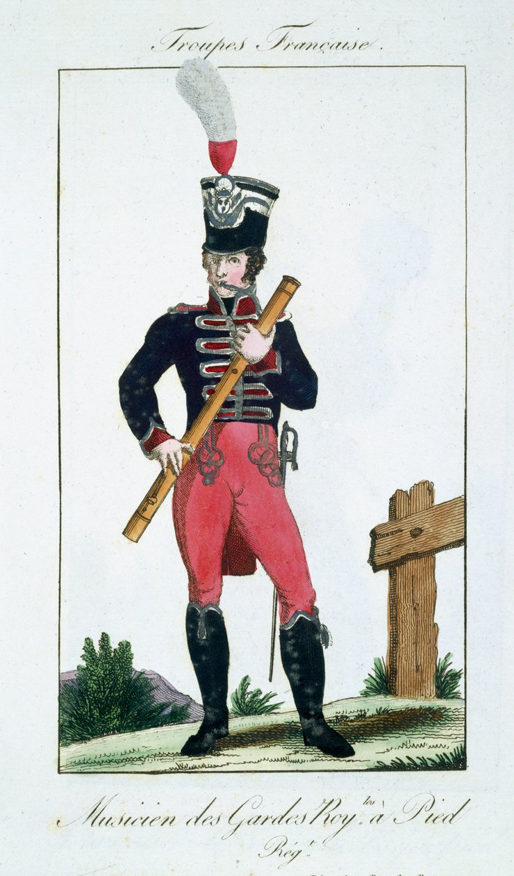 Músico da Royal Footguards, das tropas francesas, pub. em Basset, Paris, c.1790 de French School