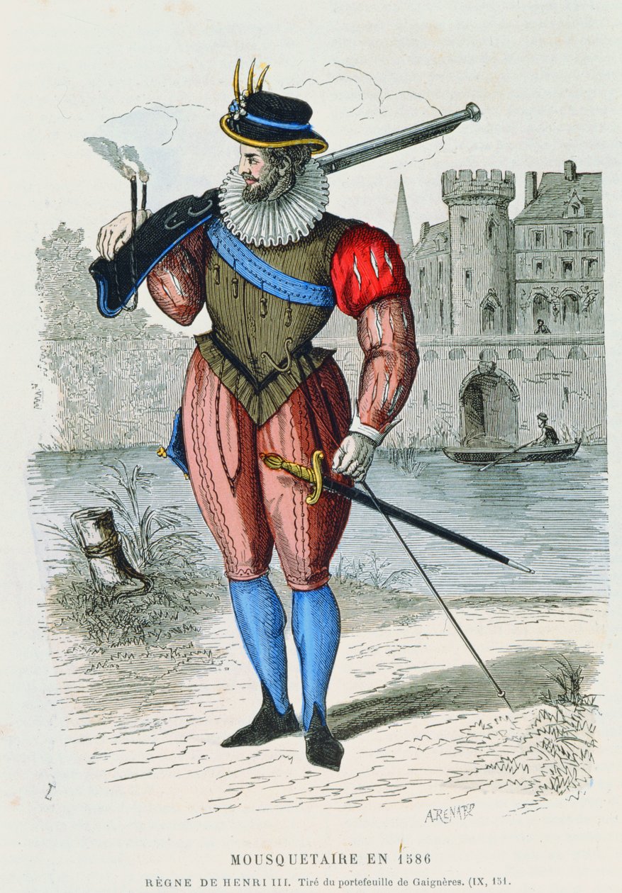 Mosqueteiro em 1586, ilustração de trajes de Paris a les les siècles por H. Gourdon de Genouillac, gravada por A. Renard (gravura a cor) de French School