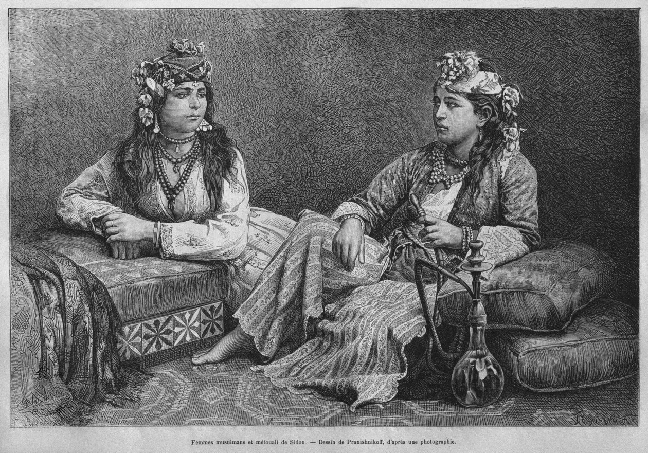 Mulheres muçulmanas de Sidon, da Síria hoje. Viajar para a Fenícia, o Líbano e a Judéia. 1875-1880 de Louis Charles Emile Lortet, 1884 (gravura do bw) de French School