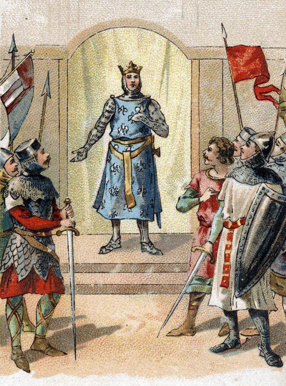 Minha coroa à frase corajosa dita por Philippe Auguste 27 de julho de 1214 aos senhores na véspera da batalha dos bouvines. de French School