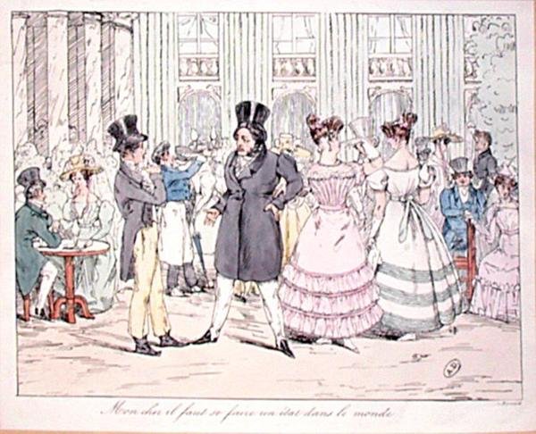 Meu caro amigo, é preciso encontrar uma posição para si mesmo no mundo", caricatura do "Café de la Rotonde" no Palais Royal, início do século XIX (gravura colorida) de French School
