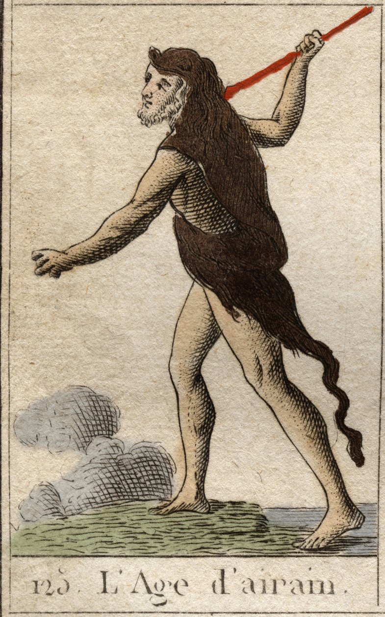 Mito da Idade da Humanidade: uma representação da Idade do Bronze, como um jovem com a pele de um leão e uma arma de lança. (Idade do Bronze retratado como um jovem, vestido com uma pele de leão e armado com uma lança). Da "Mitologia da Juventude" de Pierr de French School