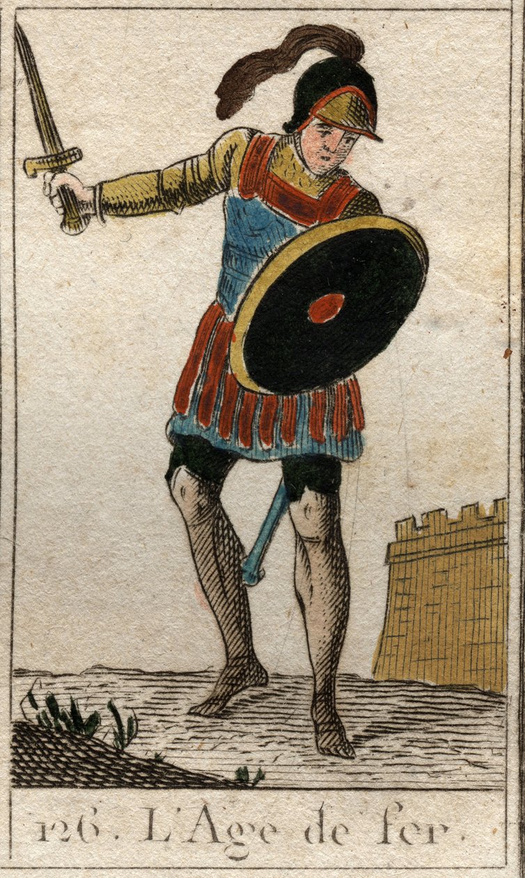 Mito da Idade da Humanidade: representação da Idade do Ferro, como um jovem usando um capacete, segurando uma espada e um escudo. (Idade do Ferro retratado como um homem jovem, usando um capacete, uma espada e um escudo como um guerreiro). Da "Mitologia da de French School
