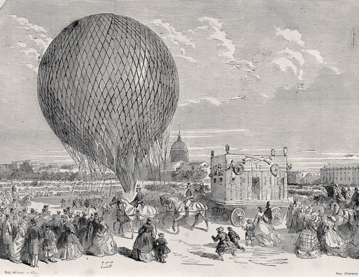 Nadars balão, o gigante sendo preparado no Champ de Mars, Paris para seu primeiro voo em 4 de outubro de 1863, ilustração de Paris para Travers Les Siecles: Volume 5, 1889 de French School