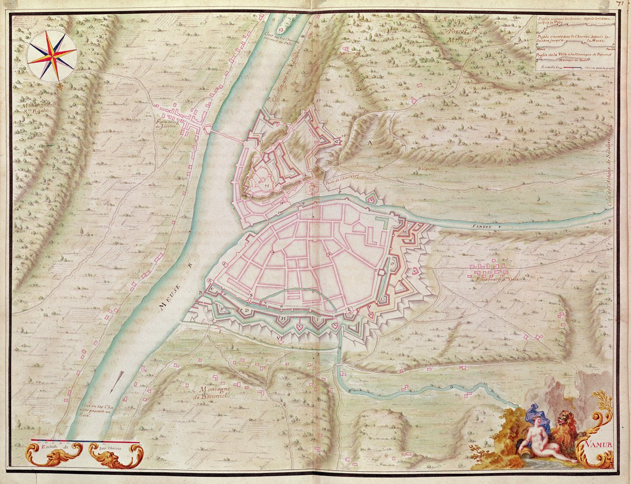 Namur e arredores, do Atlas de Louis XIV. Planos des lugares etrangeres, 1665 (caneta, tinta e lavagem) de French School
