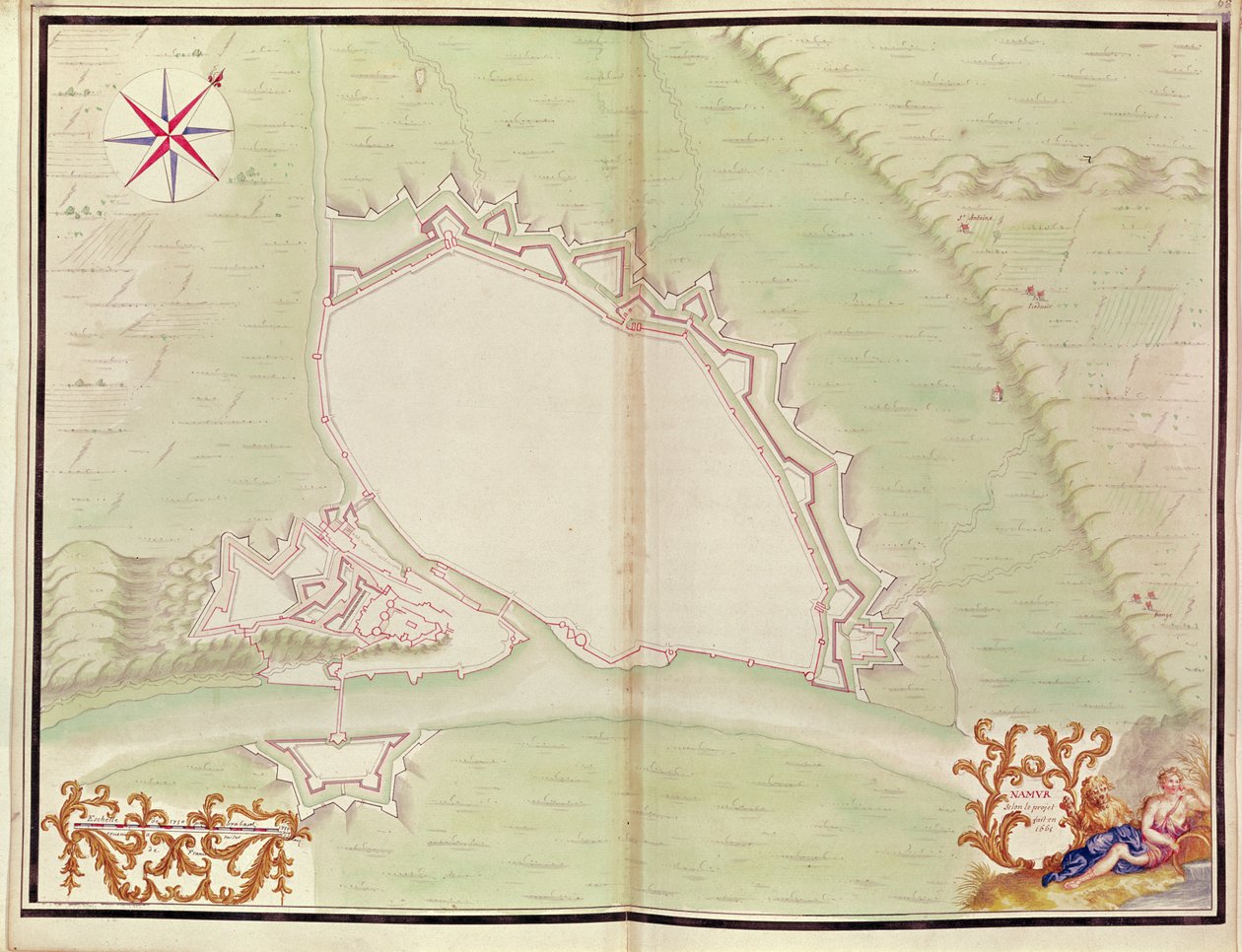 Namur, do atlas de Louis XIV. Planos de lugares estrangeiros, 1665 (caneta, tinta e lavagem) de French School