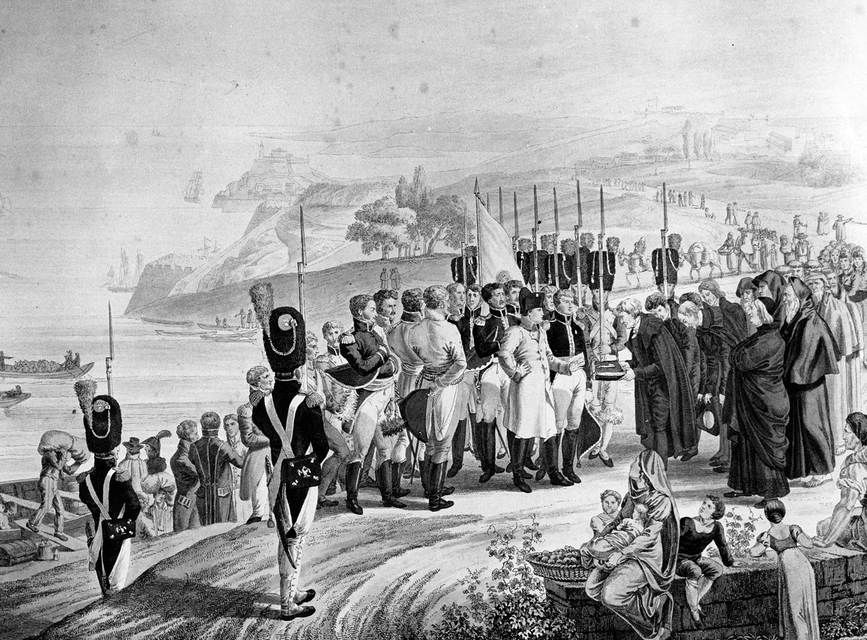 Napoleão (1769-1821) chegando na Ilha de Elba, 1814 de French School