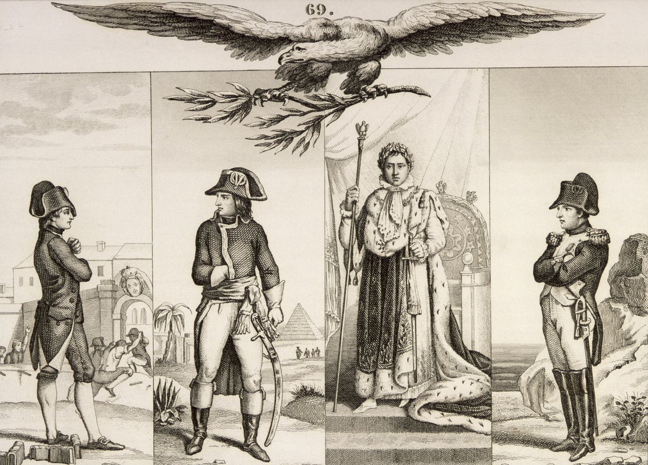 Napoleão Bonaparte (1769-1821) em quatro etapas de sua vida, de &39;Histoire de France&39; de Colart, publicado em 1840 de French School
