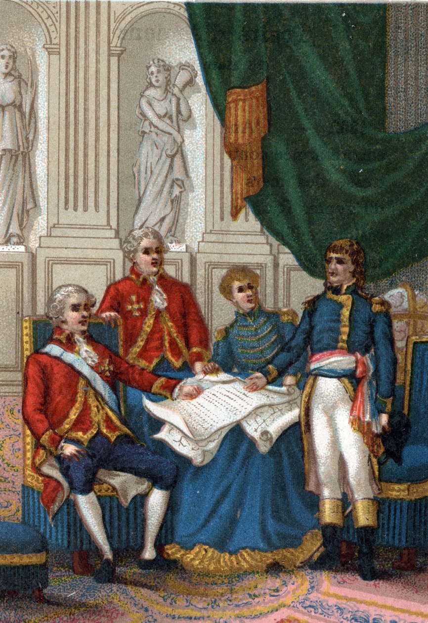 Napoleão Bonaparte em Amiens em 25 de março de 1802, Inglaterra e França assinaram um tratado de paz que terminou a segunda coalizão européia contra a França. (A Paz de Amiens, 25 de Março de 1802). de French School