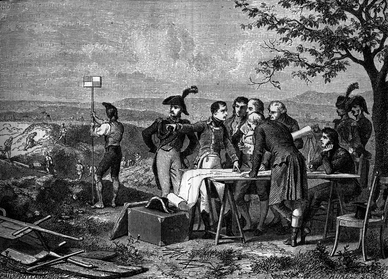 Napoleão Bonaparte indicando o plano de corte do Canal de Saint-Quentin em 1801 - Bonaparte indicando o furo do Canal de Saint Quentin em 1801 - Gravura do século XIX de French School