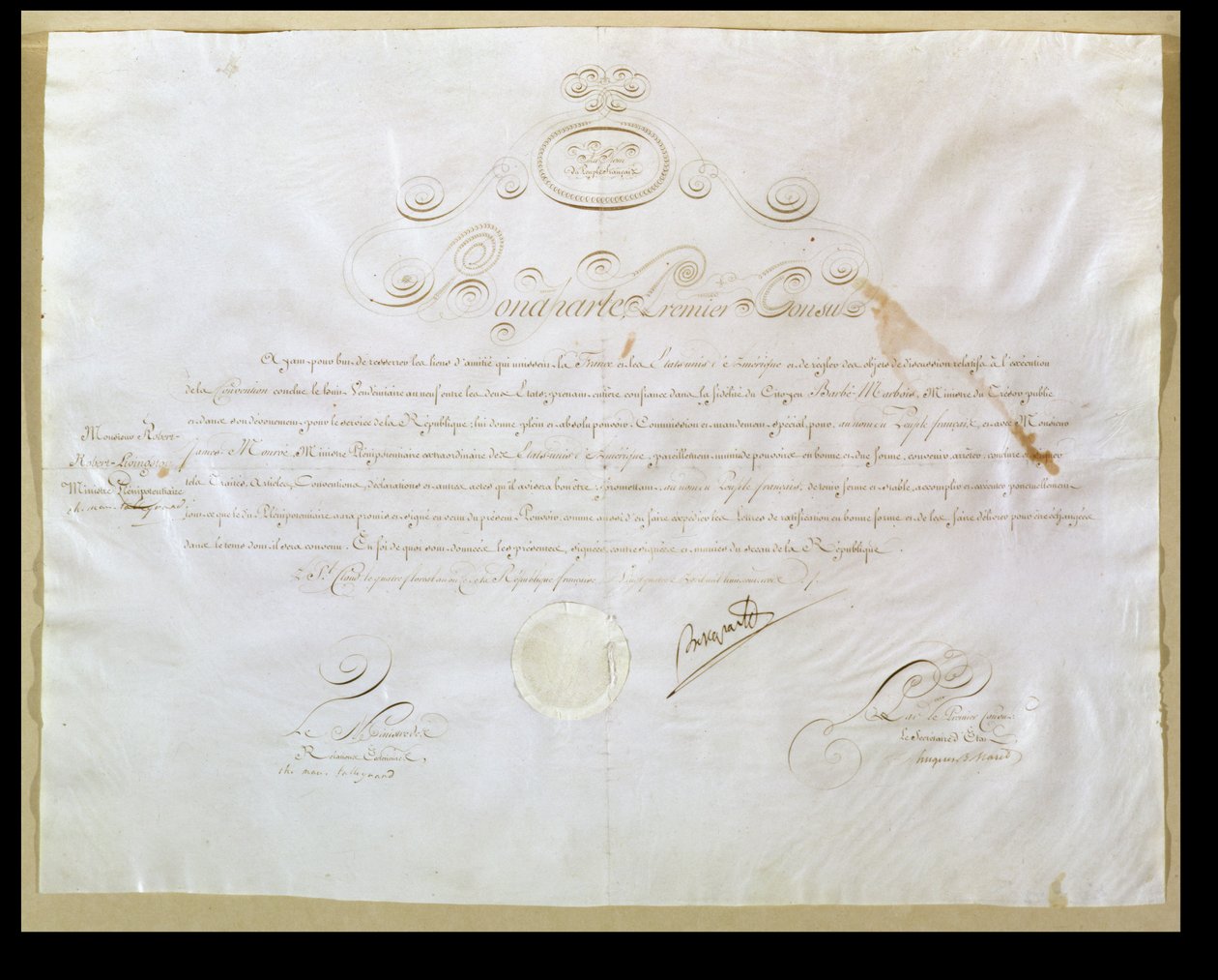 Napoleão Bonapartes (1769-1821) autorização para a compra de Louisiana pelos Estados Unidos, 30 de abril de 1803 (tinta sobre velino) de French School