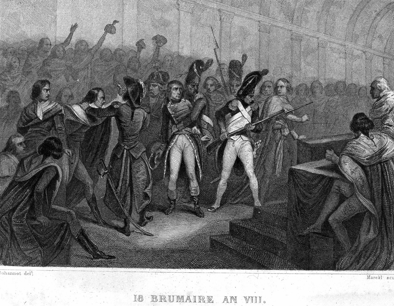 O golpe de Estado de Napoleão Bonaparte no 18 Brumaire ano VIII (1799) no Salão do Conselho dos Cinco Cêntimos (Sala dos 500) de Saint Cloud - em "Revolução Francesa" de Thiers. Século XIX de French School