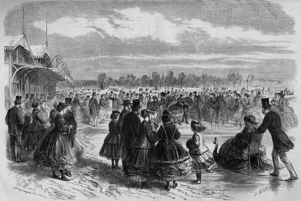 Napoleão III (1808-1873) e a Imperatriz Eugenie de Montijo (1826-1920) no clube de patinadores do Bois de Boulogne, em Paris. Gravura em "Le Monde Illustre" n°511 de 26 de janeiro de 1867. de French School