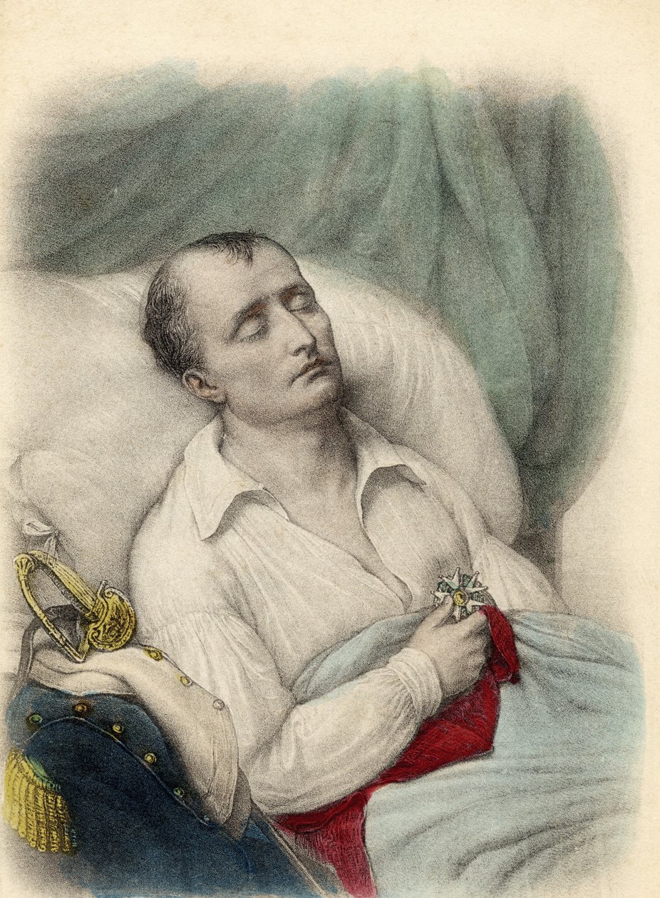 Napoleão I em seu leito de morte segurando a Cruz da Legião de Honra ao seu coração, Santa Helena, 1821 (cor lito) de French School