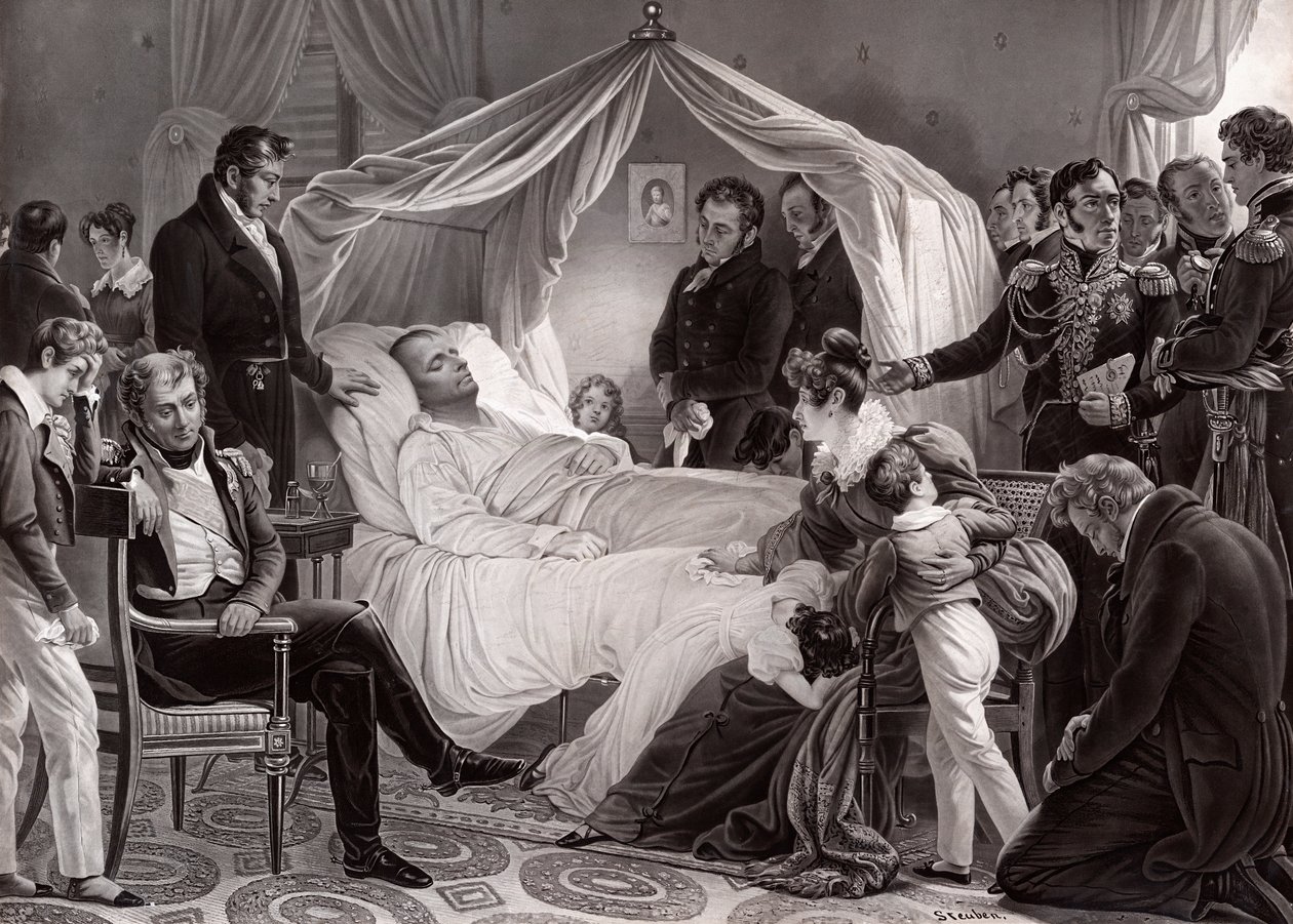 Napoleão I em seu leito de morte em Santa Helena, 5 de maio de 1821, após uma pintura de Charles de Steuben de French School