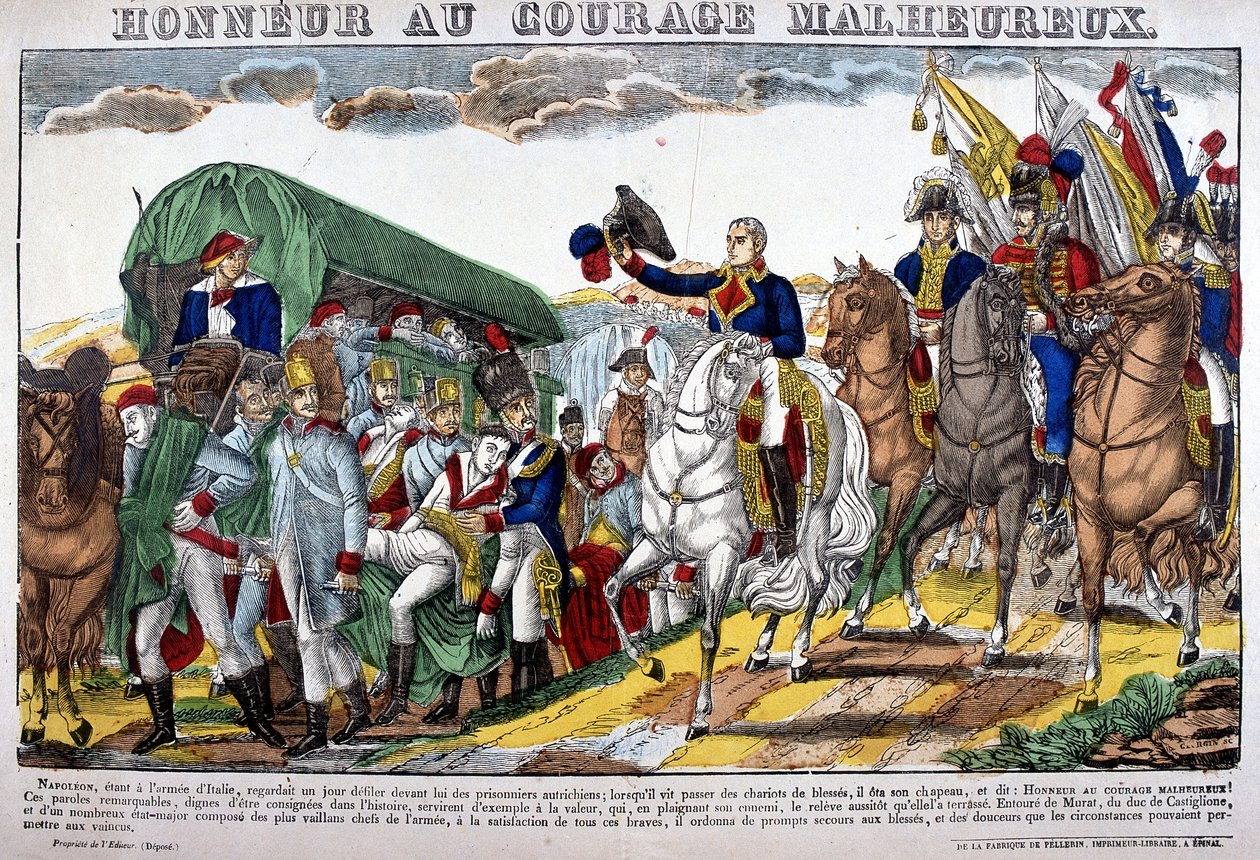 Napoleão I tira o chapéu como um comboio de feridos e exclama "Honra à infeliz coragem!" Foto de Epinal de French School