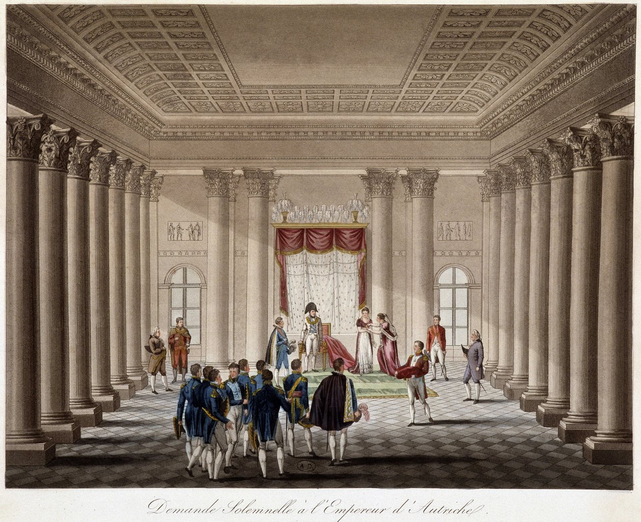 Napoleão pede Marie Louise em casamento com o Imperador da Áustria - em "História Histórica da Guerra entre a França e a Áustria em 1809". de French School