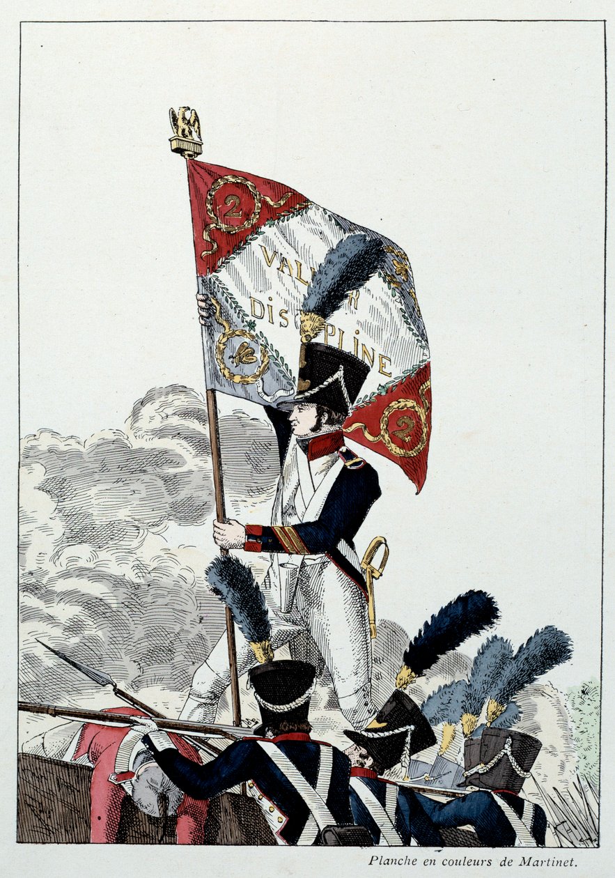 Armee Napoleónica: Linha Infantaria. O Sargento-mor plantou a sua águia num pavor que foi drasticamente exterminado. Gravura de Martinet (século XIX) 1808. Malmaison, Musee Du Chateau. de French School