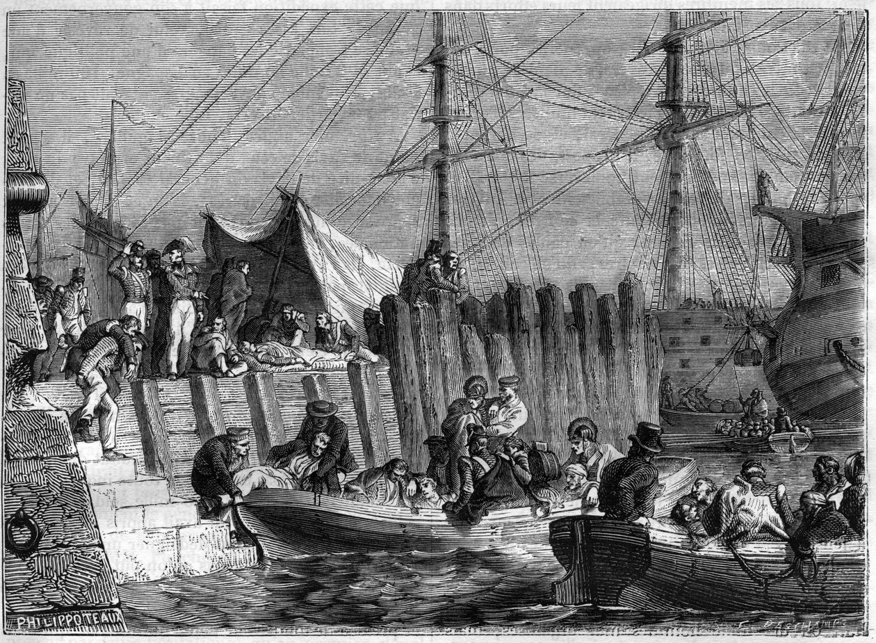 Guerras Napoleónicas - O exército inglês deixa a ilha Walcheren em 1809 - Os ingleses abandonam a ilha de Walcheren na Holanda em 1809 - em "History of the Empire Following the History of the Consulate" por Adolphe Thiers - 1879 - coleção privada de French School