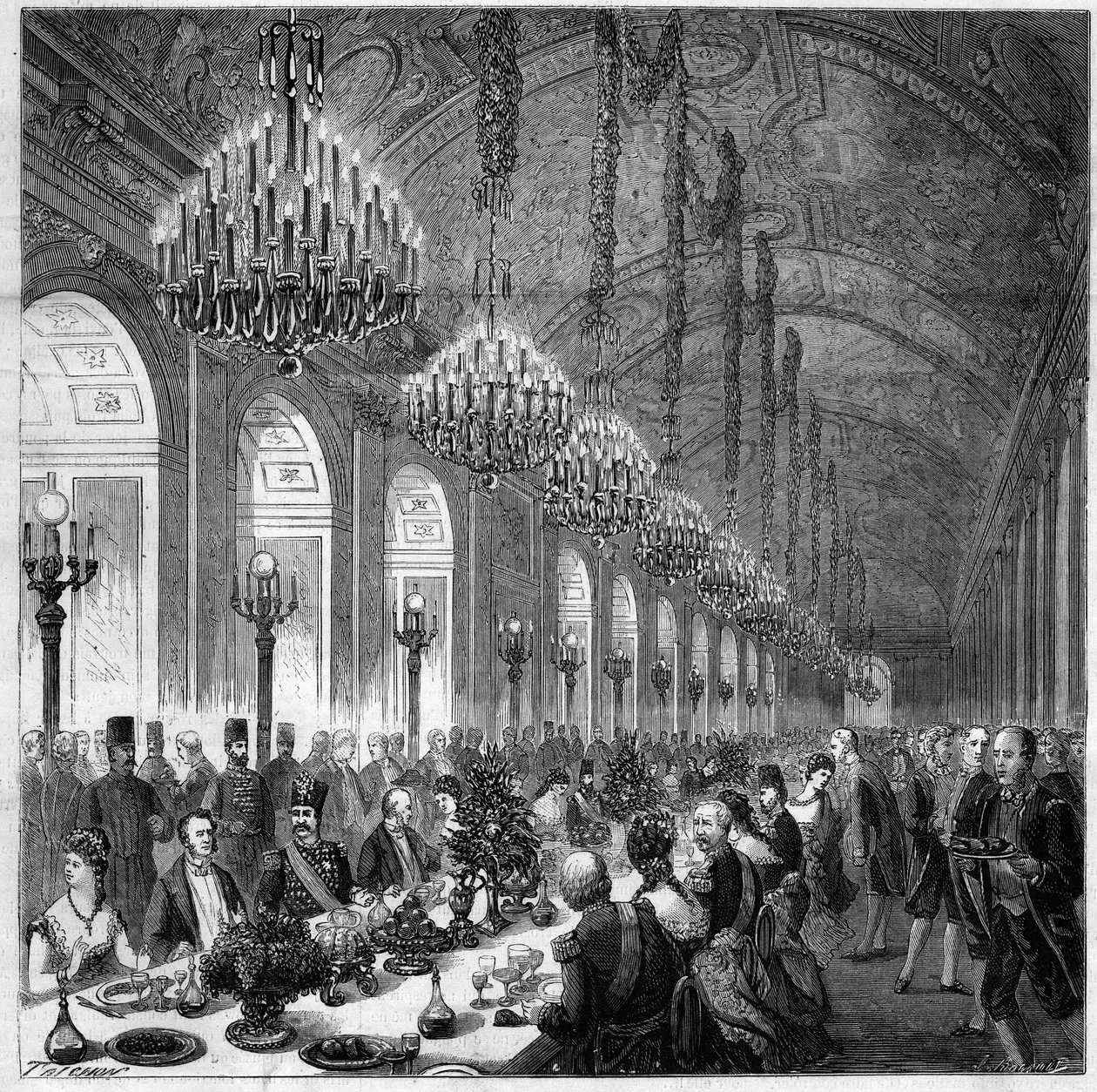 Nasir Al-Din (Nasser al-Din) (1831-1896) Shah da Pérsia a Versailles. Banquete na galeria de gelo. à sua esquerda Albert, Duque de Broglie (1821-1901). de French School