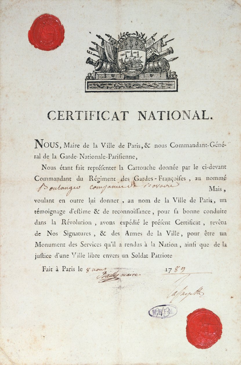 Certificado Nacional de Bom Comportamento durante a Revolução Francesa, 8 de agosto de 1789 em Paris de French School