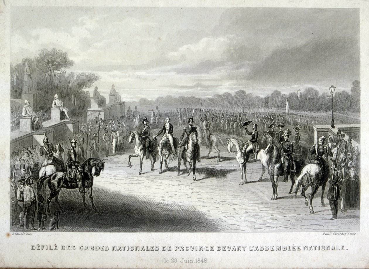 Os soldados da Guarda Nacional protegem a Assembleia Nacional em Paris. Gravura durante a Revolução Francesa de 1848 (gravura) de French School
