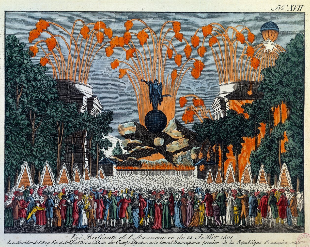 Festa nacional de 14 de julho de 1801 nos Campos Elíseos, Paris: O fogo de artifício toma o lugar da estrela nos Campos Elíseos, em Paris. Impressão de 1801, Paris, Museu Carnavalet de French School