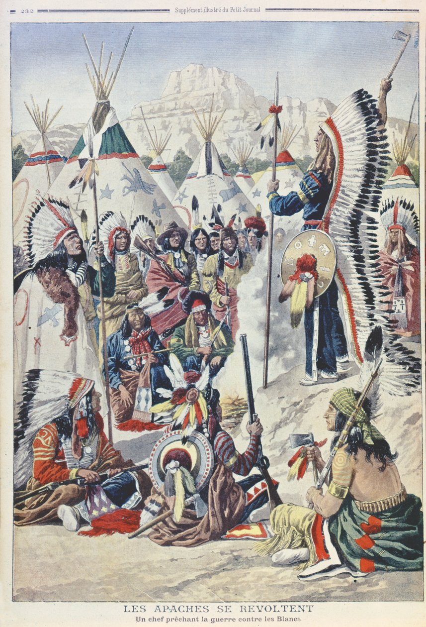 Chefe nativo americano pedindo revolta contra o povo branco, ilustração do Le Petit Journal de French School
