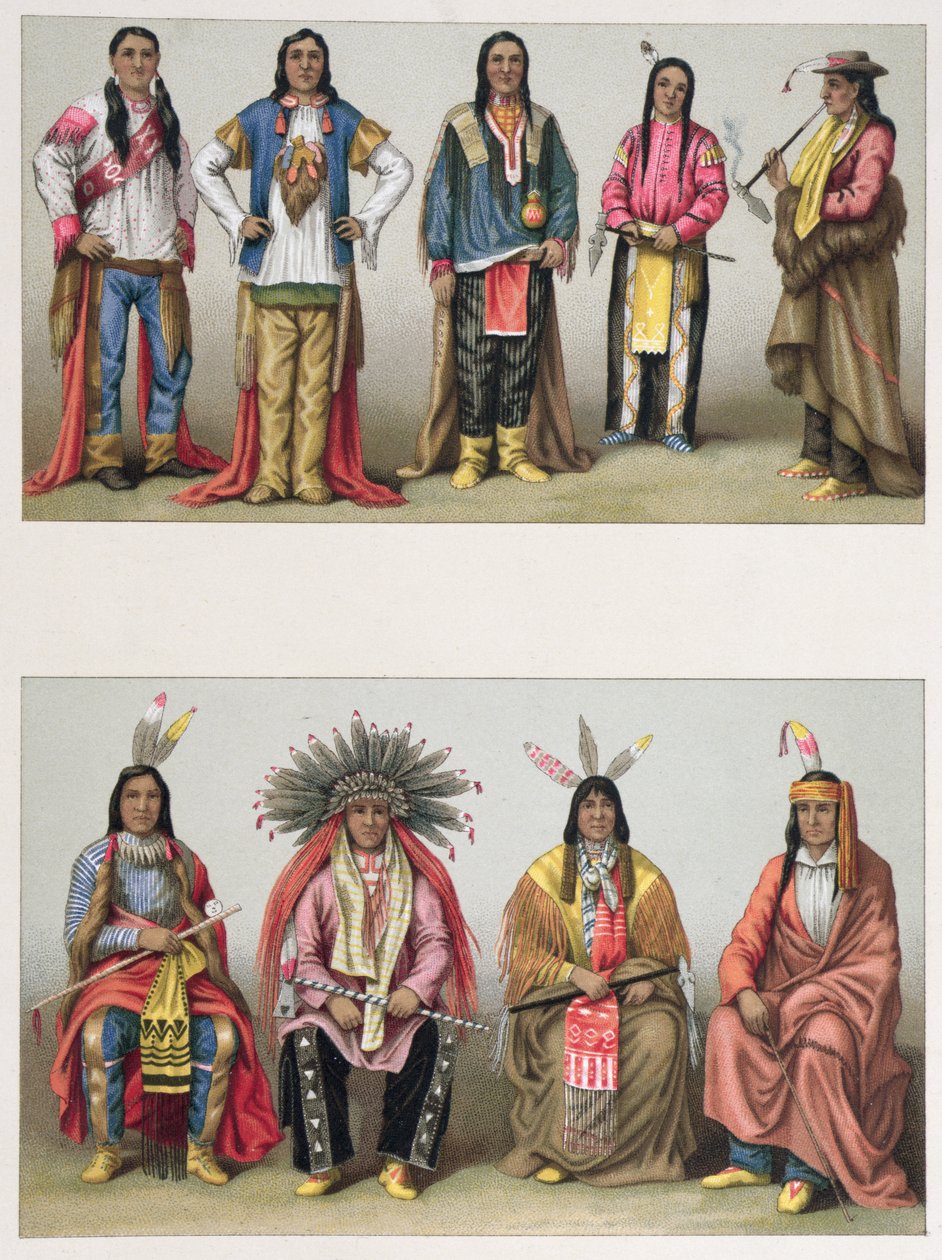 Nativos americanos da Bacia do Mississippi e do Colorado, ilustração de Le Costume Historique de A. Racinet, publicada em Paris 1888 de French School