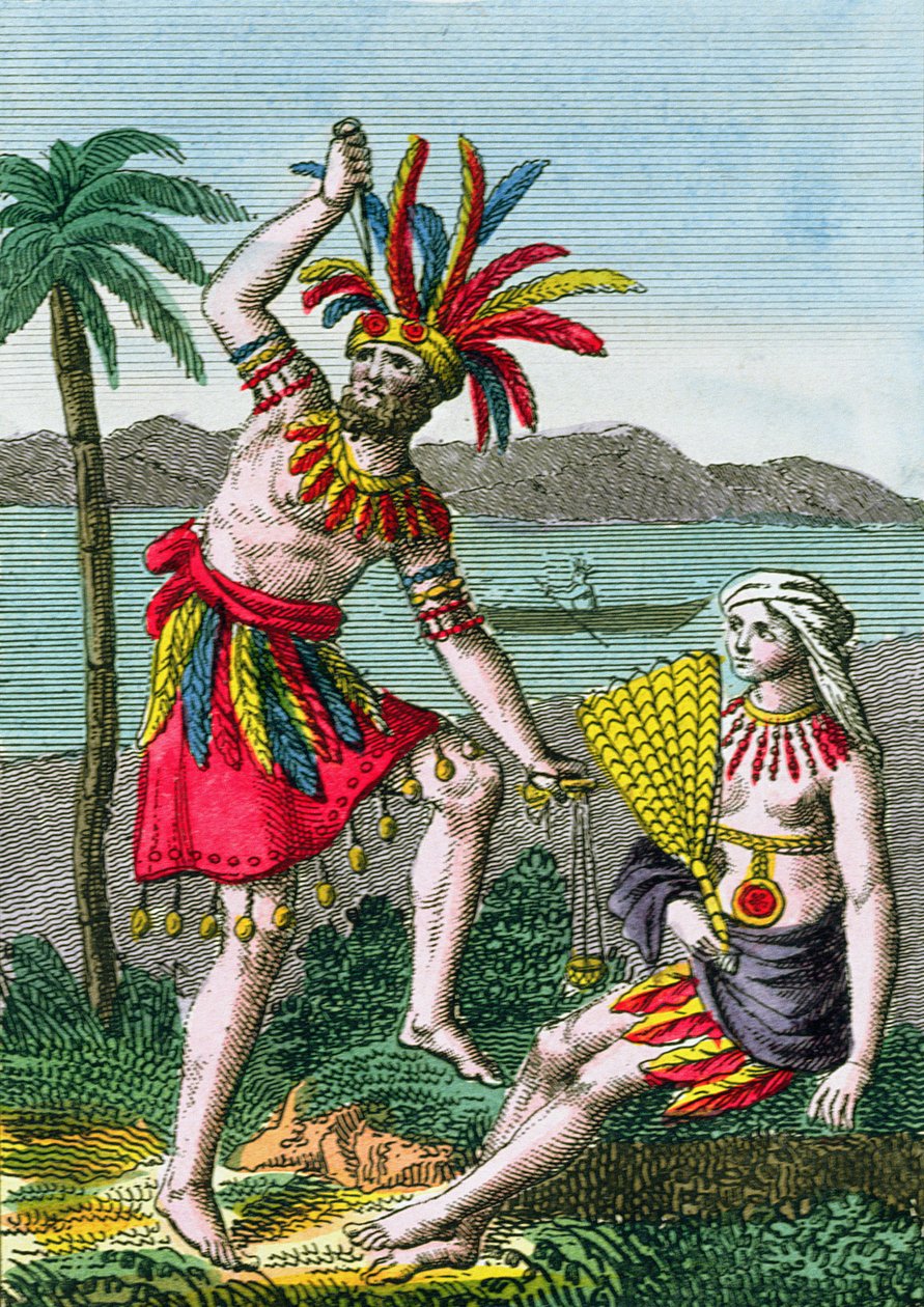Habitantes nativos das Ilhas Marquesas, ilustração da History of Voyages Around the World de J. Dufay, publicada pela Courvalet & Co., Paris, 1826 (gravura colorida) de French School