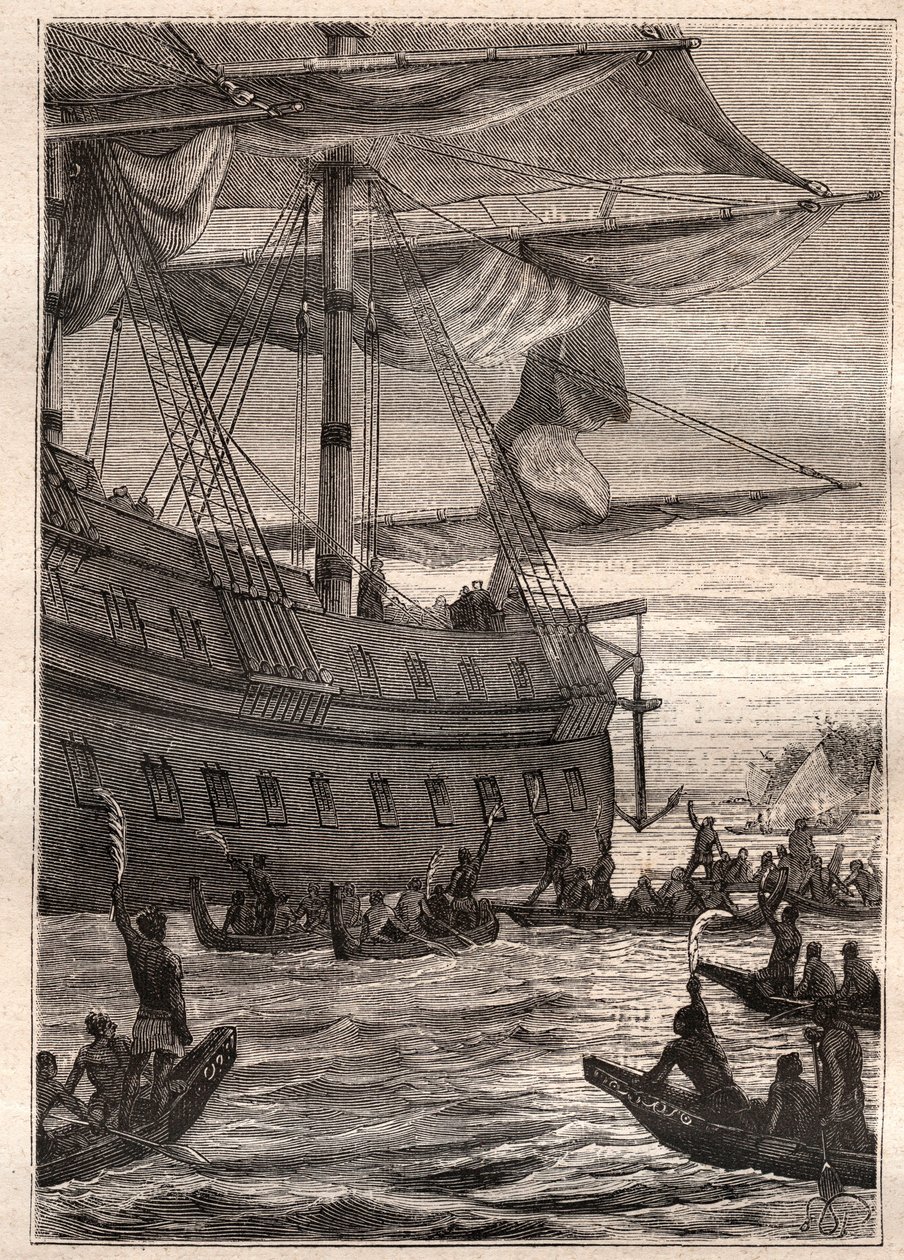 Os nativos tinham os ramos de bananeiras na mão: A viagem de Samuel Wallis (1728-1795) à Polinésia - povos indígenas segurando os ramos da bananeira como uma saudação de boas-vindas - ilustração tirada de "Os Grandes Marinheiros do século XVIII". de French School