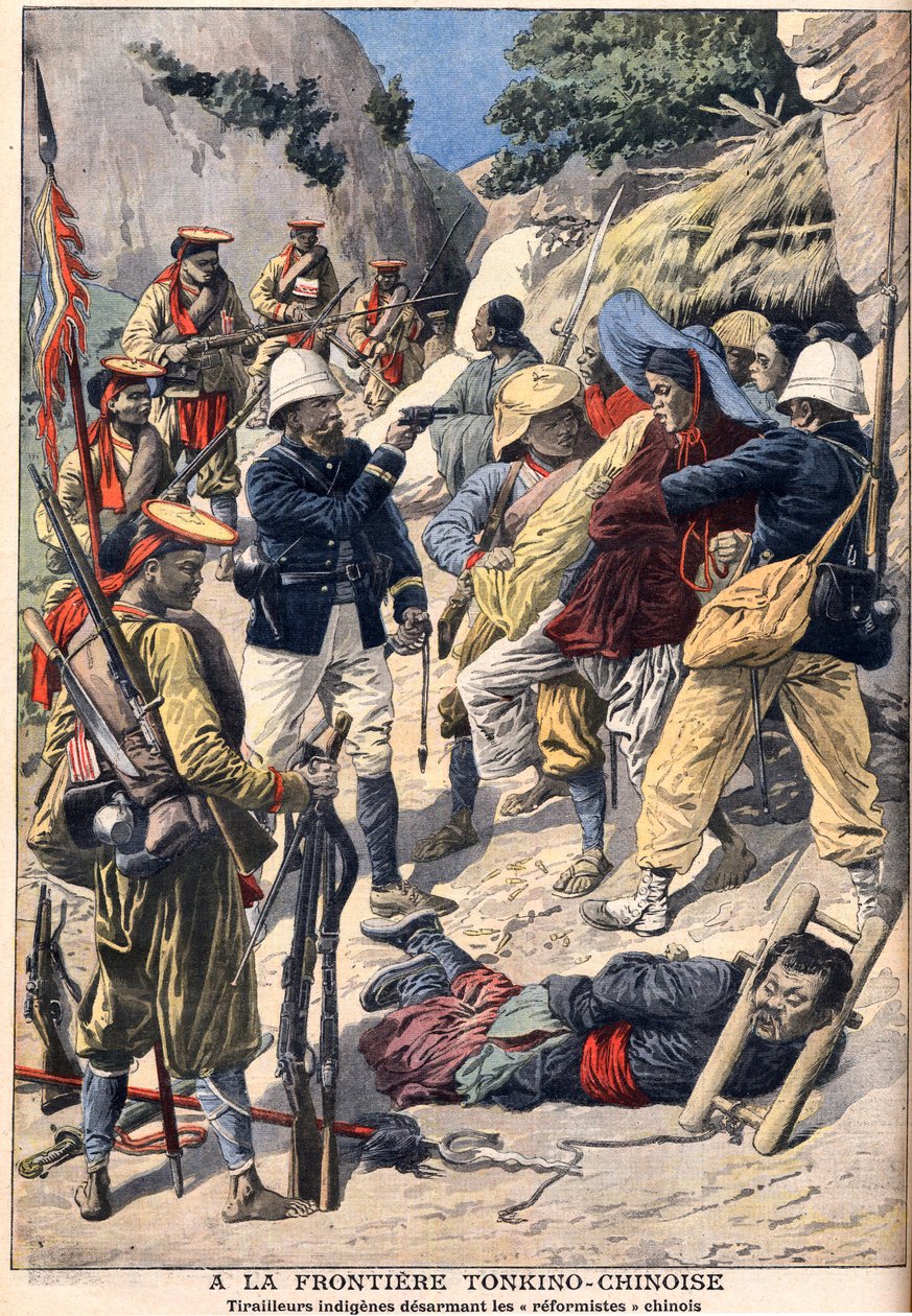 Tropas nativas desarmando os "reformistas" chineses na fronteira com Tonkin, Indochina inglesa. Fronteira Tonkino-Chinesa. Cavaleiros indígenas desarmando os reformistas chineses. Ilustração para o Le petit Journal de French School