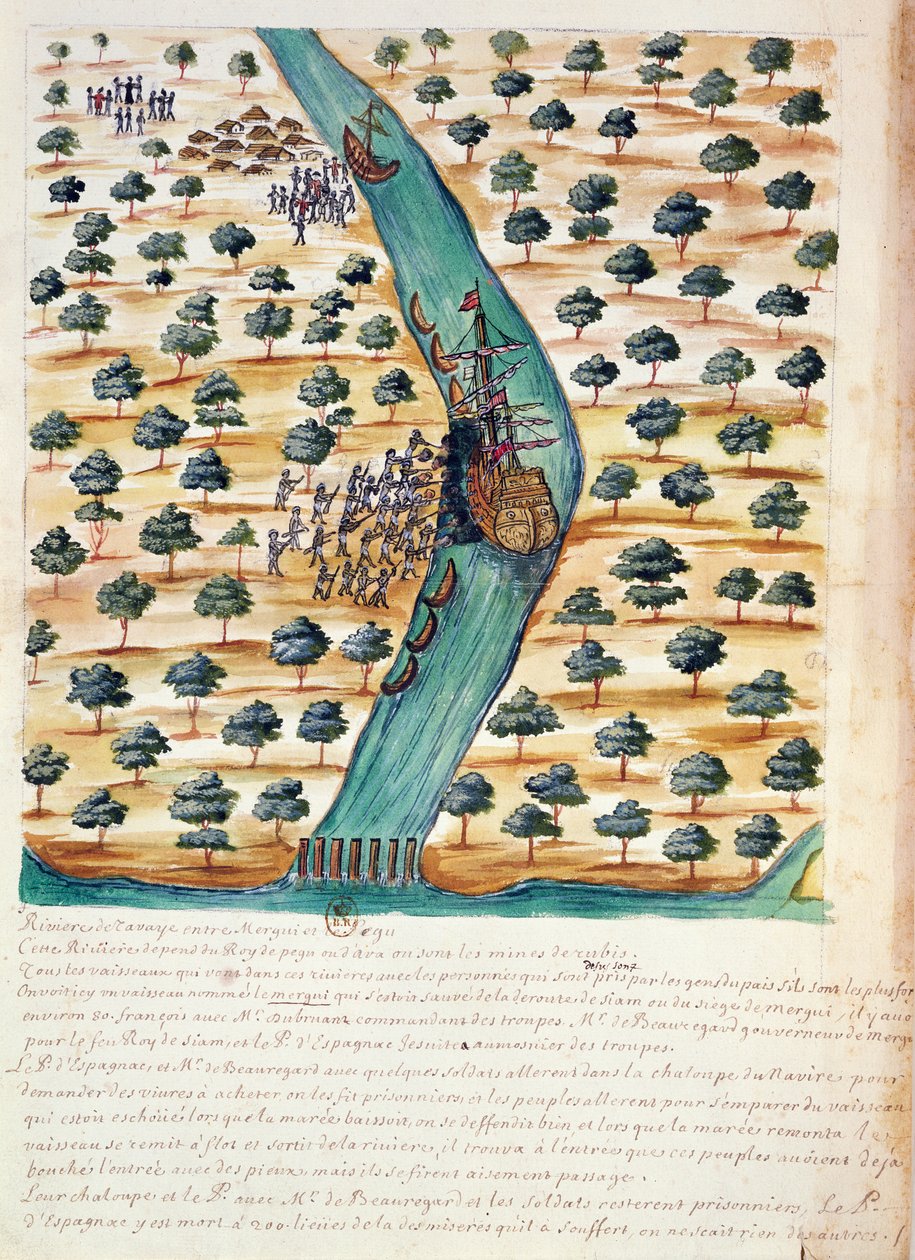 Nativos atacando navios franceses no rio Tavoy, a partir de um relato dos jesuítas no Sião, 1688 (wc no papel) de French School