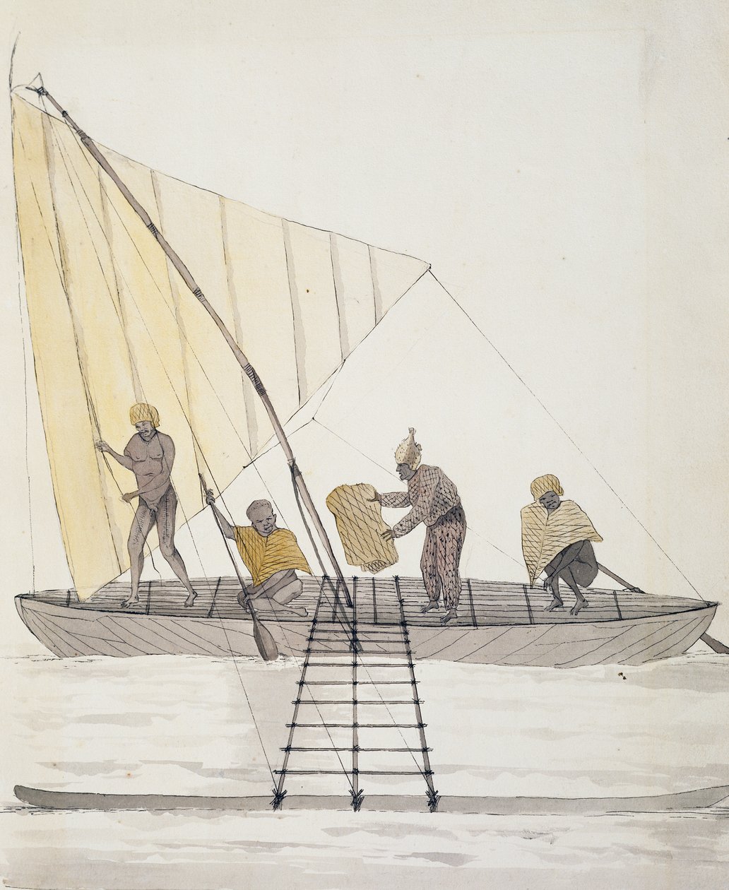 Nativos de Iles Basses e canoa à vela equilibrada, aguarela de Jules-Louis Lejeune, de Duperrey