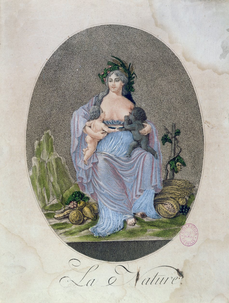 A natureza amamentando um bebê negro e um bebê branco, c.1792 de French School