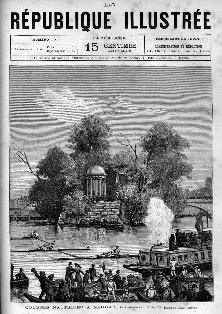 Corridas náuticas: campeonato francês de remo organizado no Sena de frente para a Ile de la Grande Jatte, em Neuilly. Um jornal. Gravura de 1880 na colecção privada "La republique illustree". de French School
