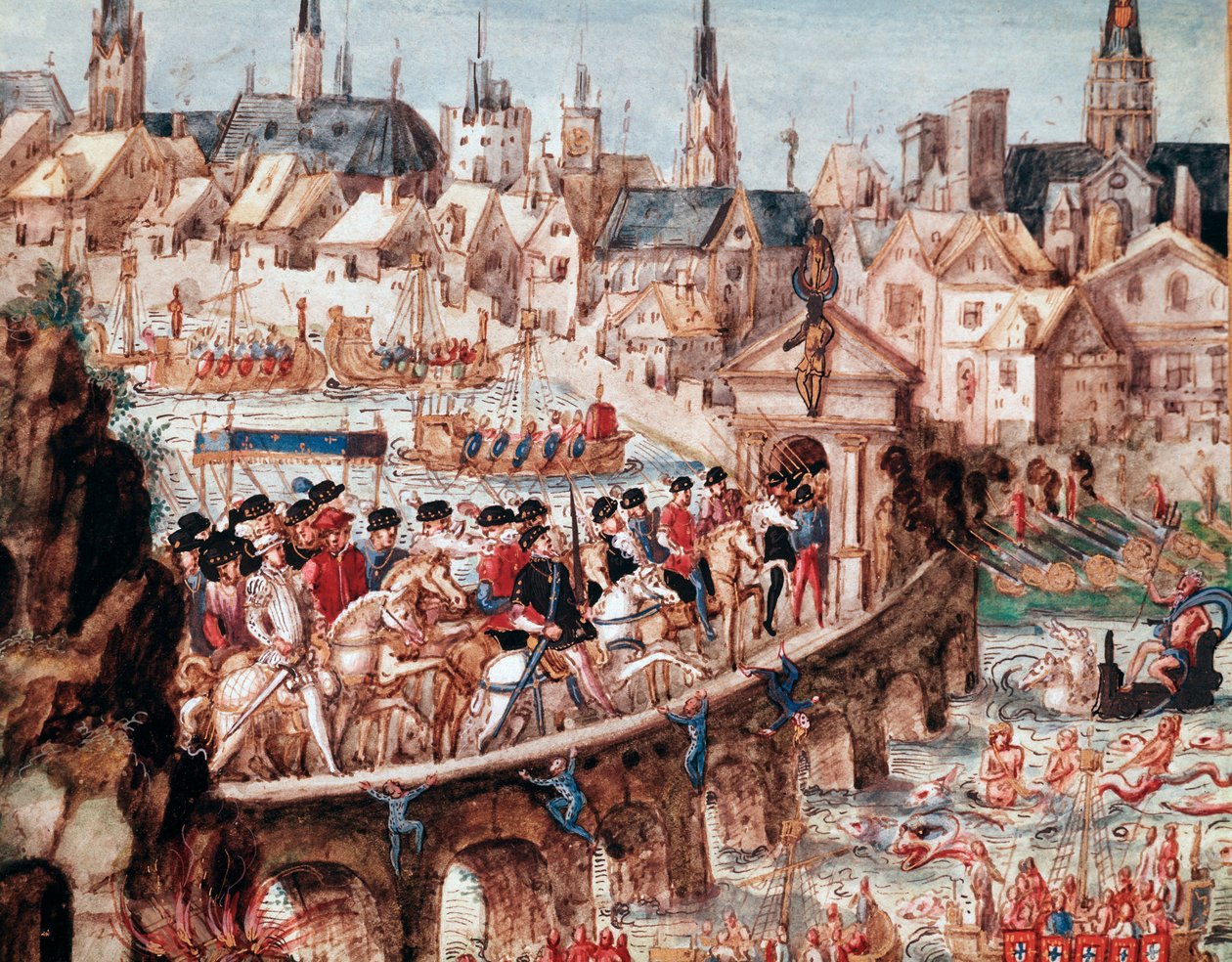 Espectáculos náuticos organizados pela cidade de Rouen por ocasião da entrada real do Rei Henrique II (1519-1559) e Catarina de Medicis (Caterina de Medici) (1519-1589) em 1/10/1550 Cavaleiros que atravessam o Sena na ponte Saint Ouen (ponte St Ouen em de French School