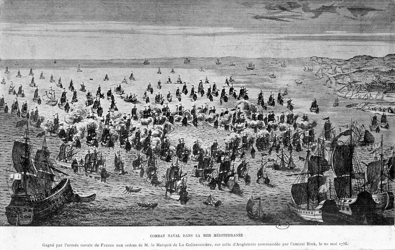 Batalha naval no Mar Mediterrâneo, ganha pelo exército naval da França por ordem do Marquês de La Galissonnière, sobre a da Inglaterra comandada pelo Almirante Bink, 20 de Maio de French School