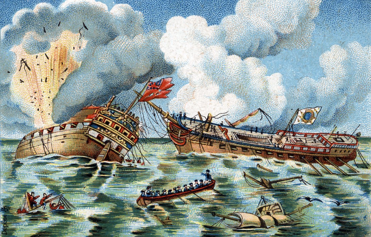 Combate naval entre o "Supervisor" e o "Quebec", 6 Out. 1779 não muito longe de Ouessant. A fragata francesa foi comandada pelo Capitão Du Couedic de Kergoaler, a fragata inglesa pelo Capitão Farmer. Cromolitografia por volta de 1890. de French School