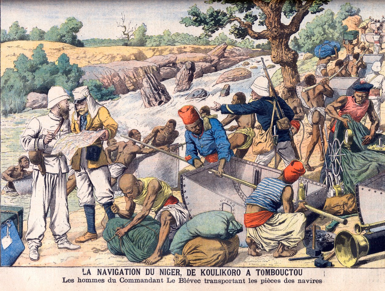 Navegando no rio Níger entre Koulikoro e Timbuktu. Uma expedição comandada pelo Comandante Le Blevec que transporta barcos em seções em torno de corredeiras. A navegação do Níger, de Koulikoro até Timbuktu. Os homens do Comandante Le Blevec transportando p de French School