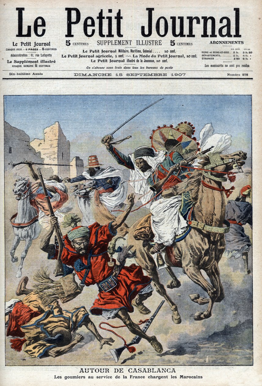 Perto de Casablanca, os goumiers que cobram nos marroquinos, ilustração do "Le Petit Journal", suplemento ilustre de French School