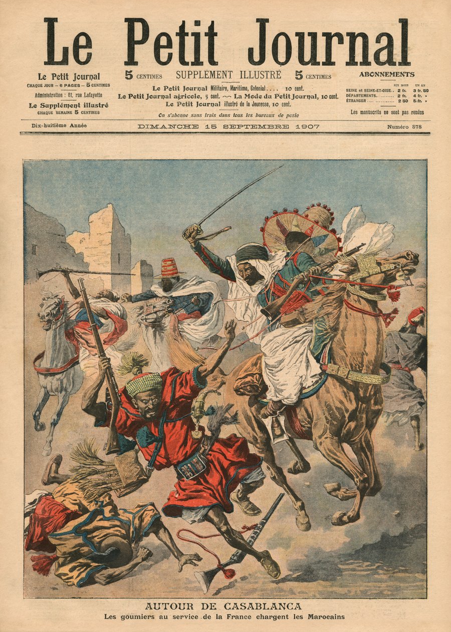 Perto de Casablanca, os goumiers atacando os marroquinos, ilustração de &39;Le Petit Journal&39;, suplemento ilustrado, 15 de setembro de 1907 de French School