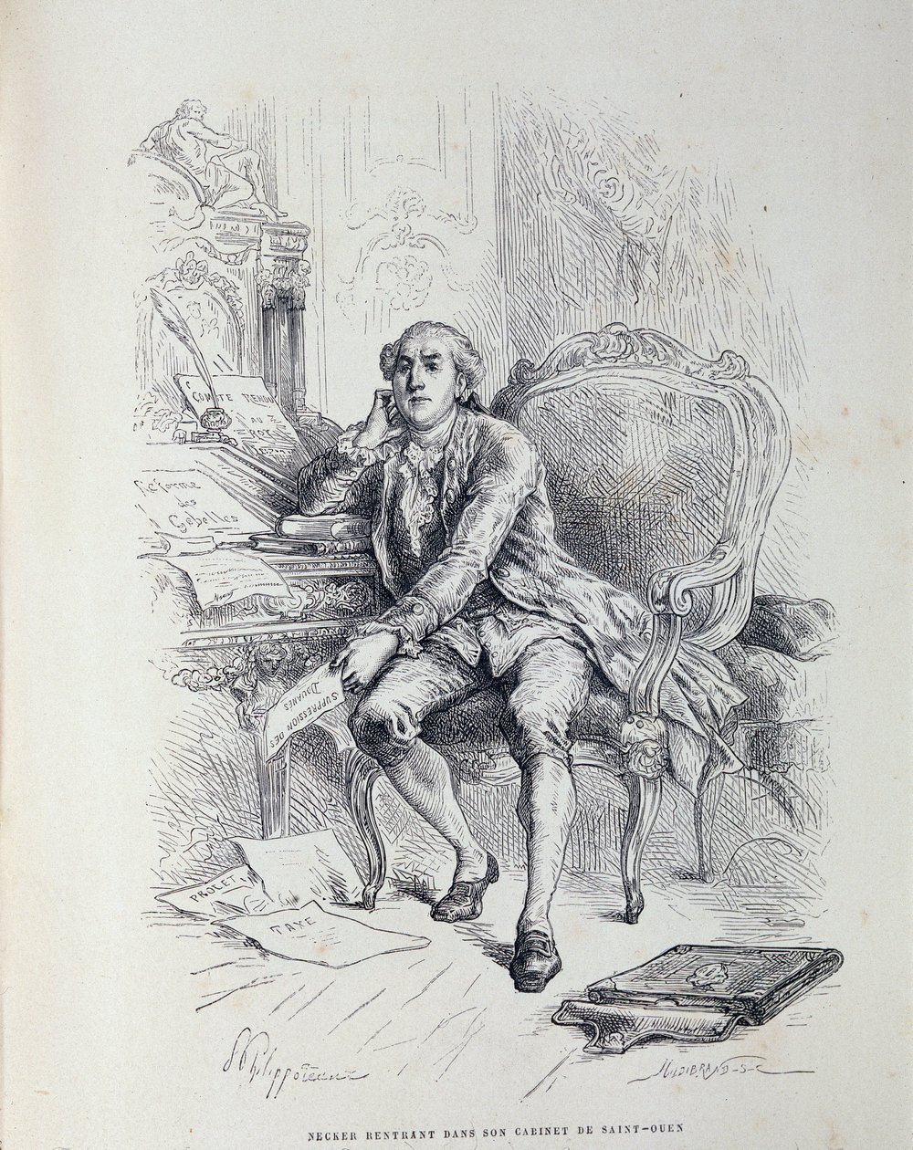 Necker no seu escritório em Saint-Ouen, rodeado de notas "Reforma de Gabelles", "Impostos", "Abolição das Alfândegas", etc. de French School